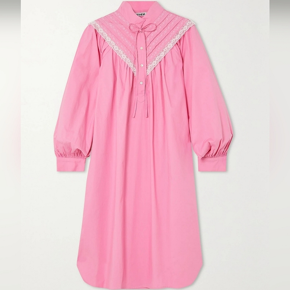 Batsheva Landry lace-trimmed pintucked embroidered cotton-poplin mini dress